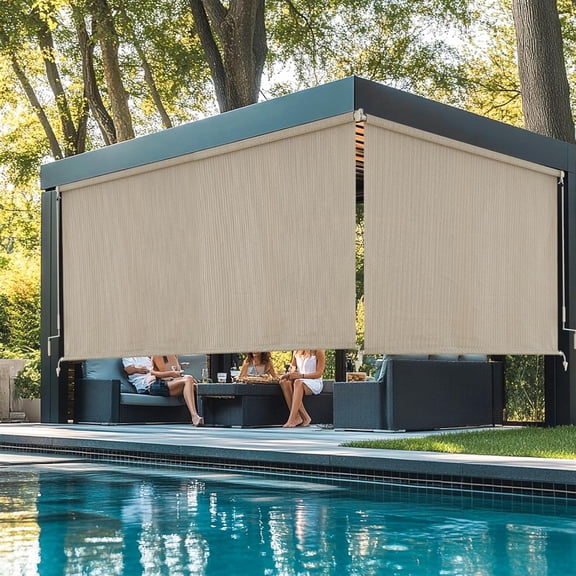 Outdoor Roller Shades, Cordless Patio Roller Up Blinds with Shade Cloth for Porch Gazebo Pergola Balcony Backyard, 2 Poles & 1 Fabric, Sesame, 72" Wx72 H
