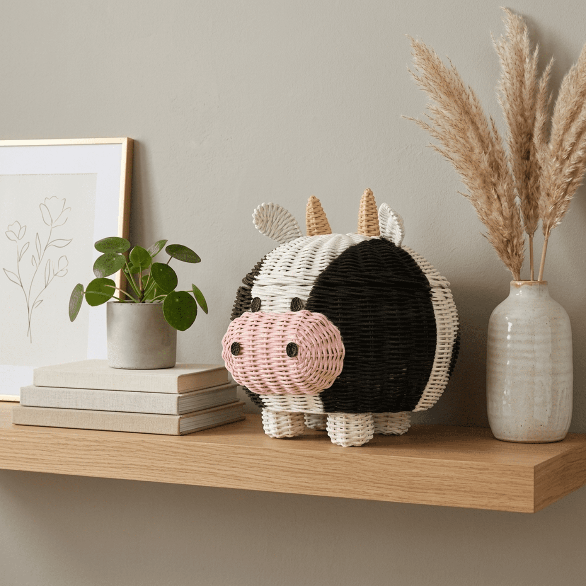 Cow Rattan Storage Basket with Lid Decorative Bin Home Decor Hand Woven Shelf Organizer Cute Handmade Handcrafted Gift Art Decoration Artwork Wicker