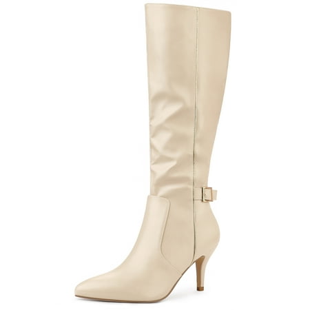 

Unique Bargains Women s Pointy Toe Buckle Decor Side Zip Stiletto Heel Knee High Boots