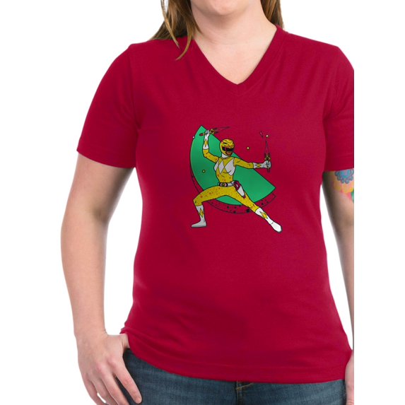 CafePress - Power Rangers Yellow Ranger Women's V Neck T Shirt - Women's V-Neck Dark T-Shirt