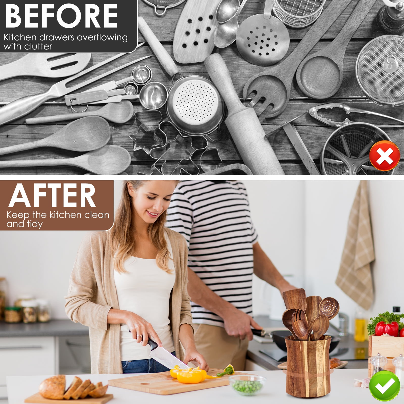 NUAHRHY 7.44" Utensil Holder, 360° Rotating Cooking Utensil Crock for Countertop, Acacia Wood Cooking Tool Organizer for Kitchen Counter Spatula Storage, Natural Kitchen Decor