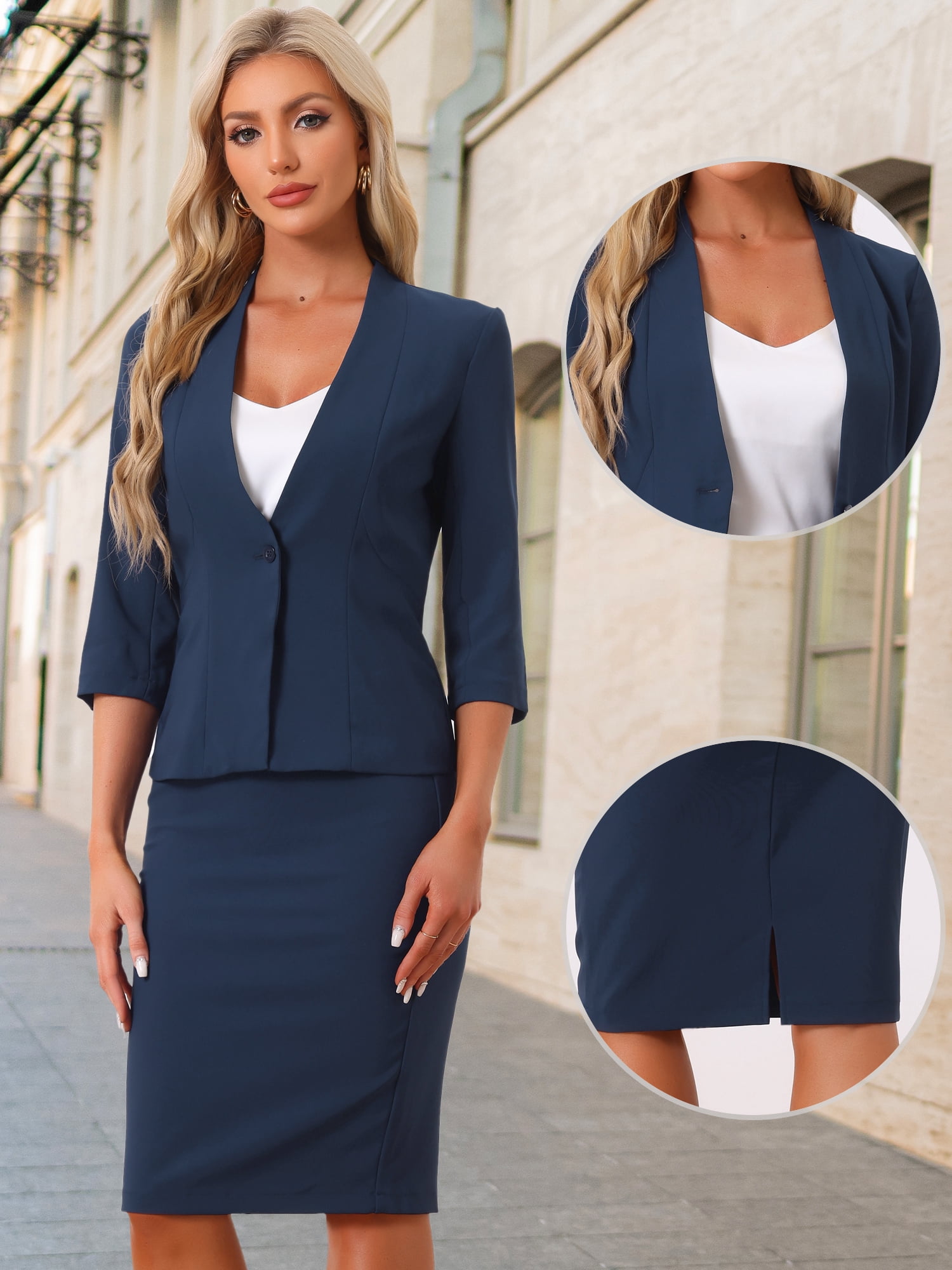 DARING DIVA 2Pcs Women's Office Work Outfit Business Skirt Suit Set 2XL Navy Blue