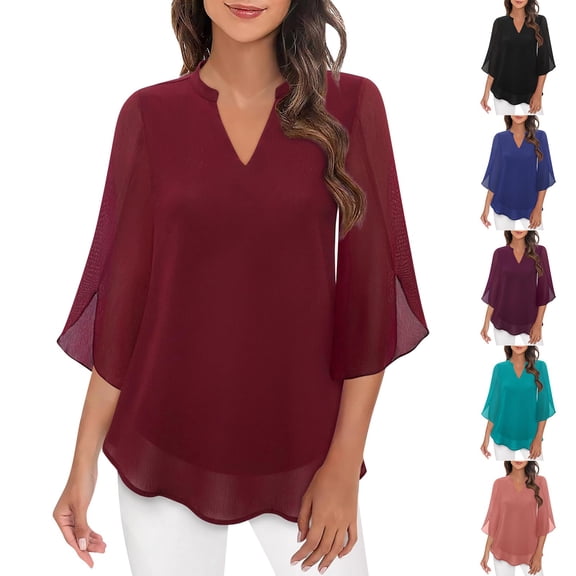 Women's V Neck Blouse Ruffle Detail 3/4 Sleeve Chiffon Casual Tunic Top