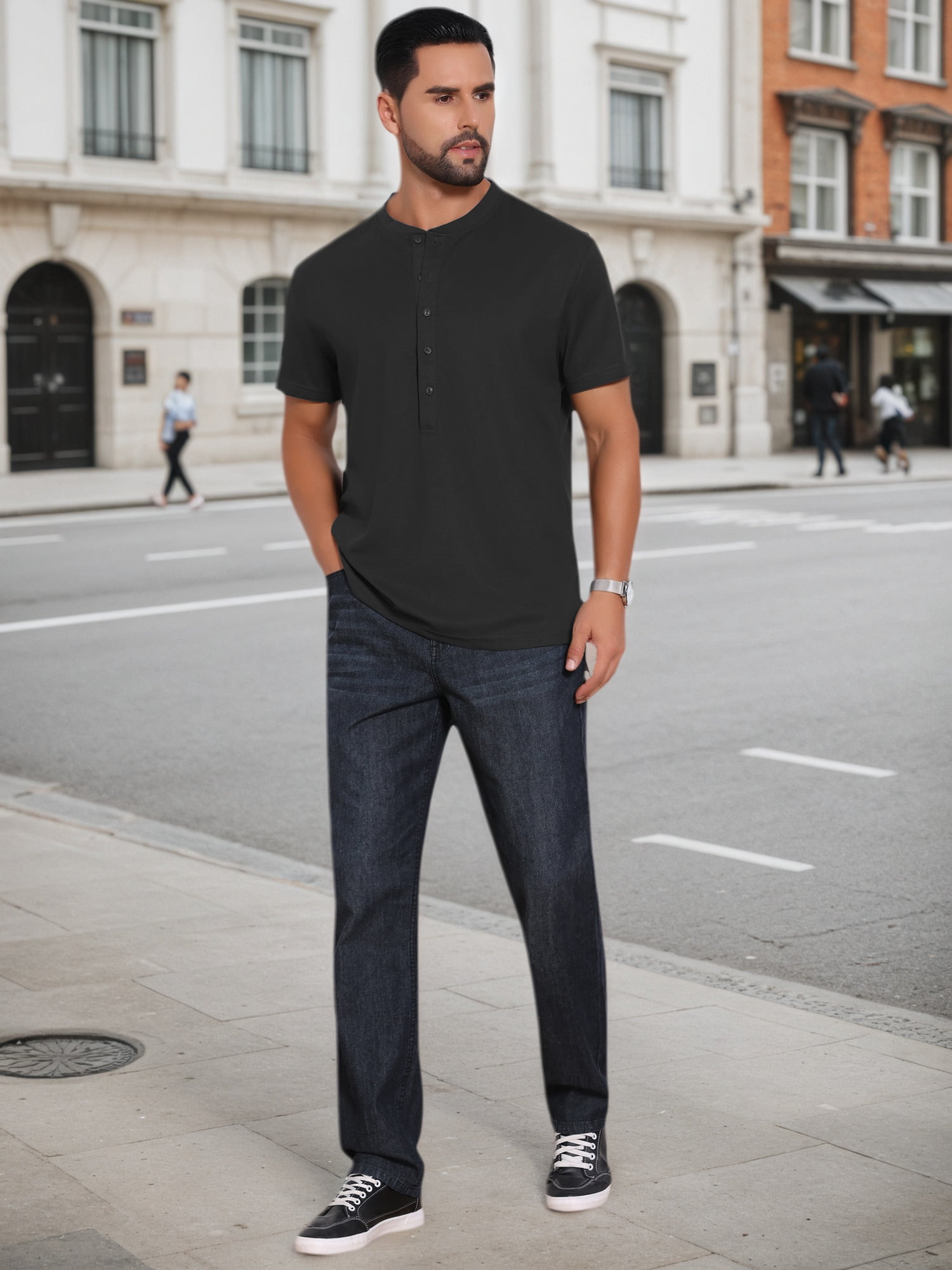 DARING DIVA Men's Henley Breathable Short Sleeve Button Down T-Shirt 2XL Black