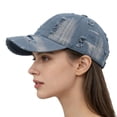 thumbnail image 2 of Gkeoshab Unisex Distressed Baseball Cap Solid Color Denim Style Hat with Ripped & Worn Look Cotton Adjustable Snapback Blue One Size, 2 of 6