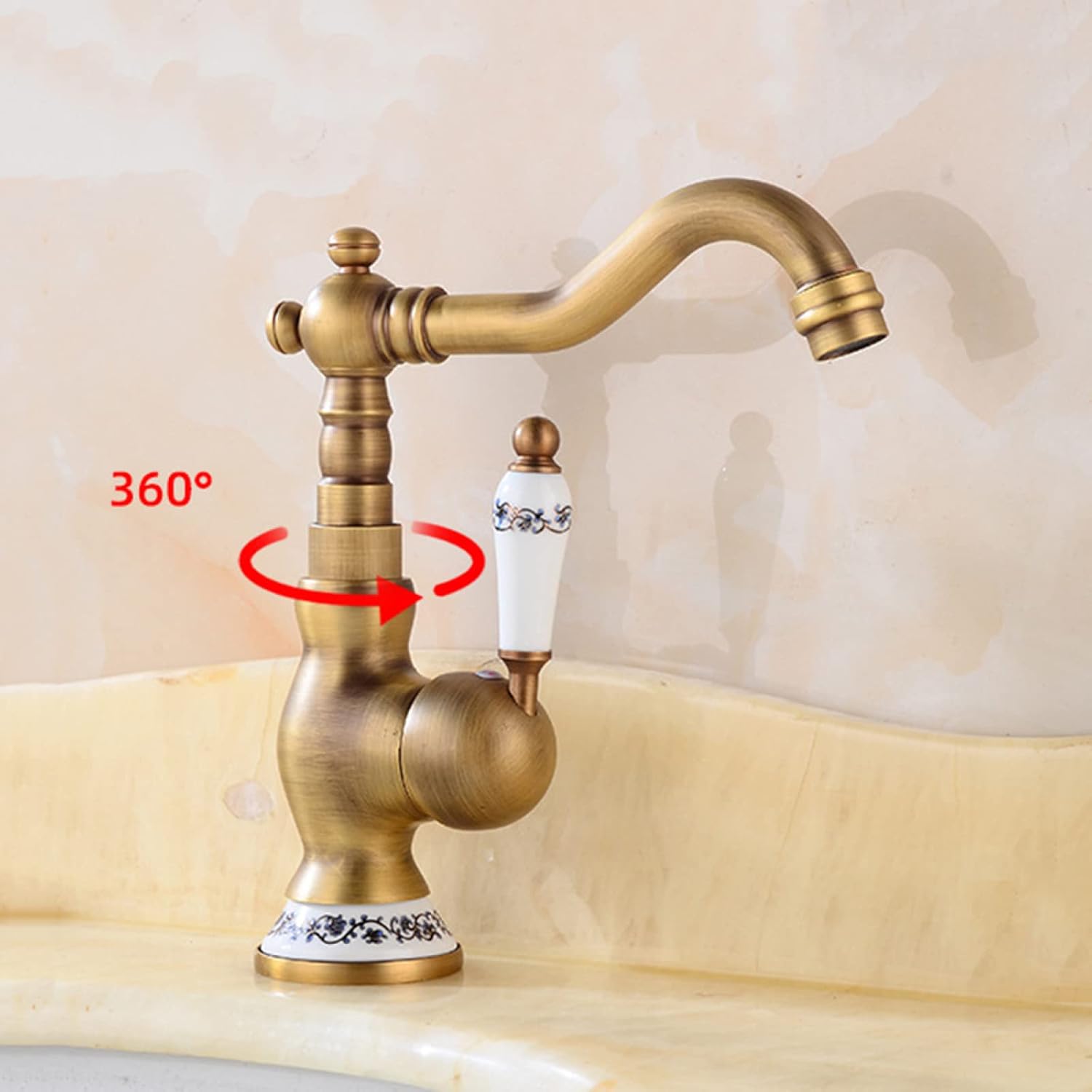 Vintage Sink Faucet Bathroom Antique, 360 Swivel Spout Antique Brass, Cold Hot Mixer Vintage Vanity Tap, Single Handle Bathroom Sink Faucet, B