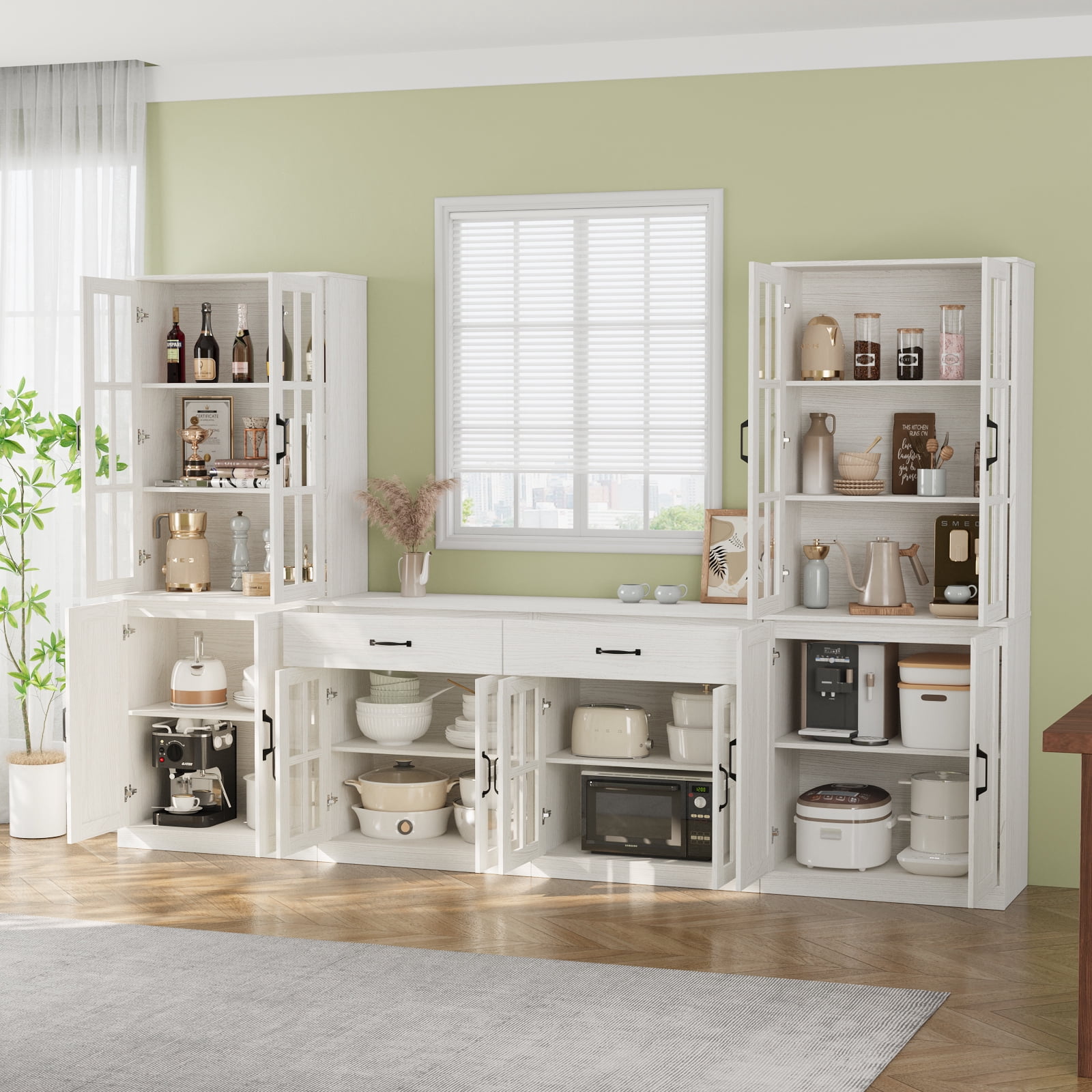 RichYa Kitchen Pantry Cabinet Set of 4,94" W Buffet Sideboard Coffee Bar with Glass Door Hutch,Modular Storage Cabinets with Shelves & Drawers for Dining Room,White(BEEB)