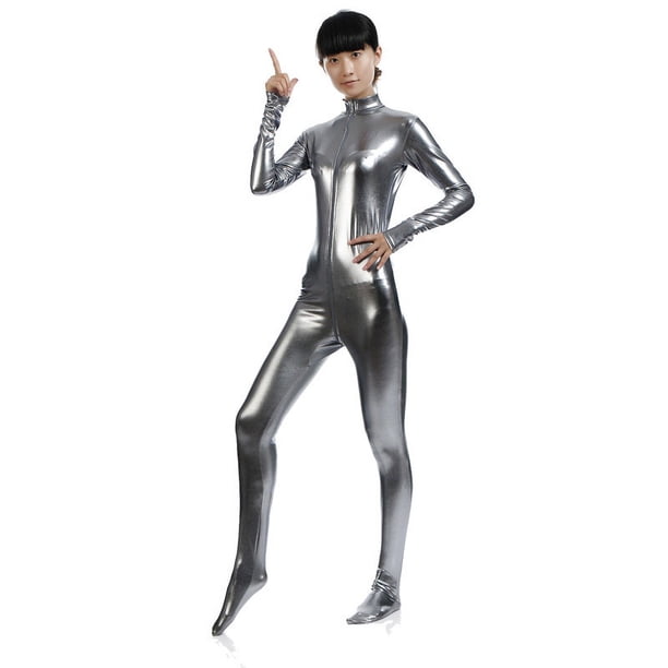 Traje de actuación en el escenario Zentai con medias recubiertas de pegamento y cremallera frontal para mujer, sin cabeza, cuello alto pequeño