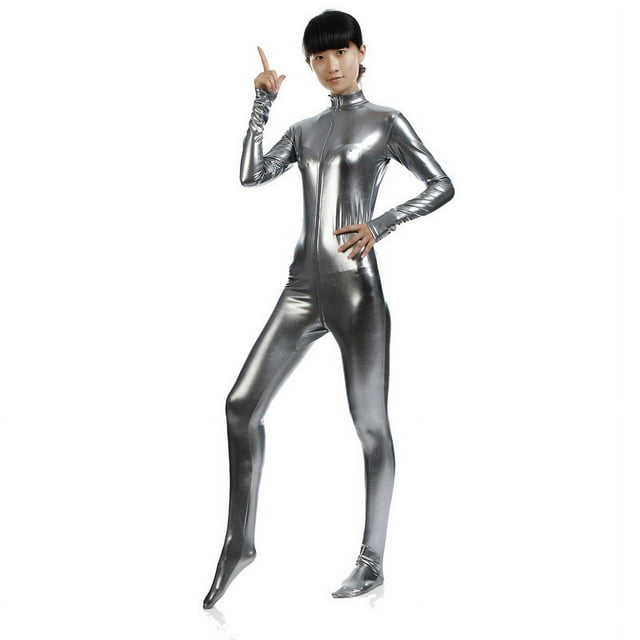 Traje de actuación zentai de cuello alto pequeño sin cabeza con cremallera frontal y medias recubiertas de pegamento para mujer de color sólido