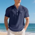 thumbnail image 2 of New Mens Short Sleeve T Shirts Solid Color Stand Up Collar Shirt Summer Trendy Breathable Loose Youth Basic Cotton Top Male Cotton And Linen Casual Shirts Navy M, 2 of 6