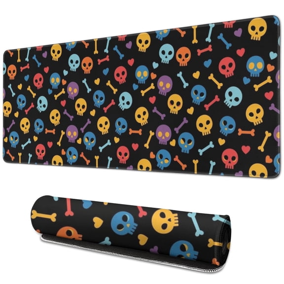 Long Mouse Pads for Desk,Black Colorful Skull Bone Pattern Desk Mats on Top Of Desks, Desk Mouse Pad Extra Large with 3mm Non-Slip Base and Stitched Edge for Gaming,Office,Work,Home 31.5"x11.8"