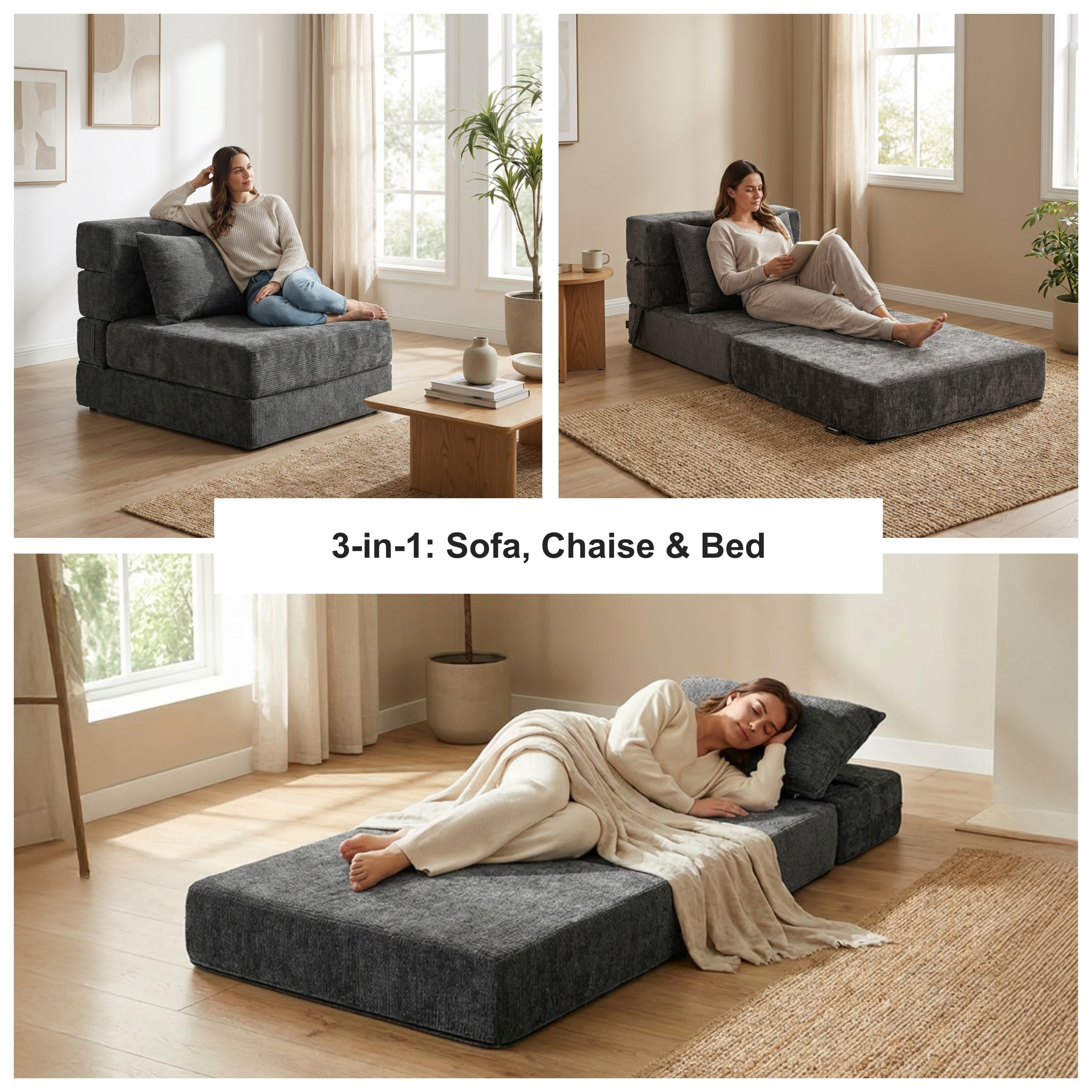 Oak and Birch 3-in-1 Folding Floor Sofa Bed, Convertible Floor Sofa to Chaise & Sleeper with Lumbar Pillow for Apartment, Dorm & Small Spaces, Chenille, Dark Gray