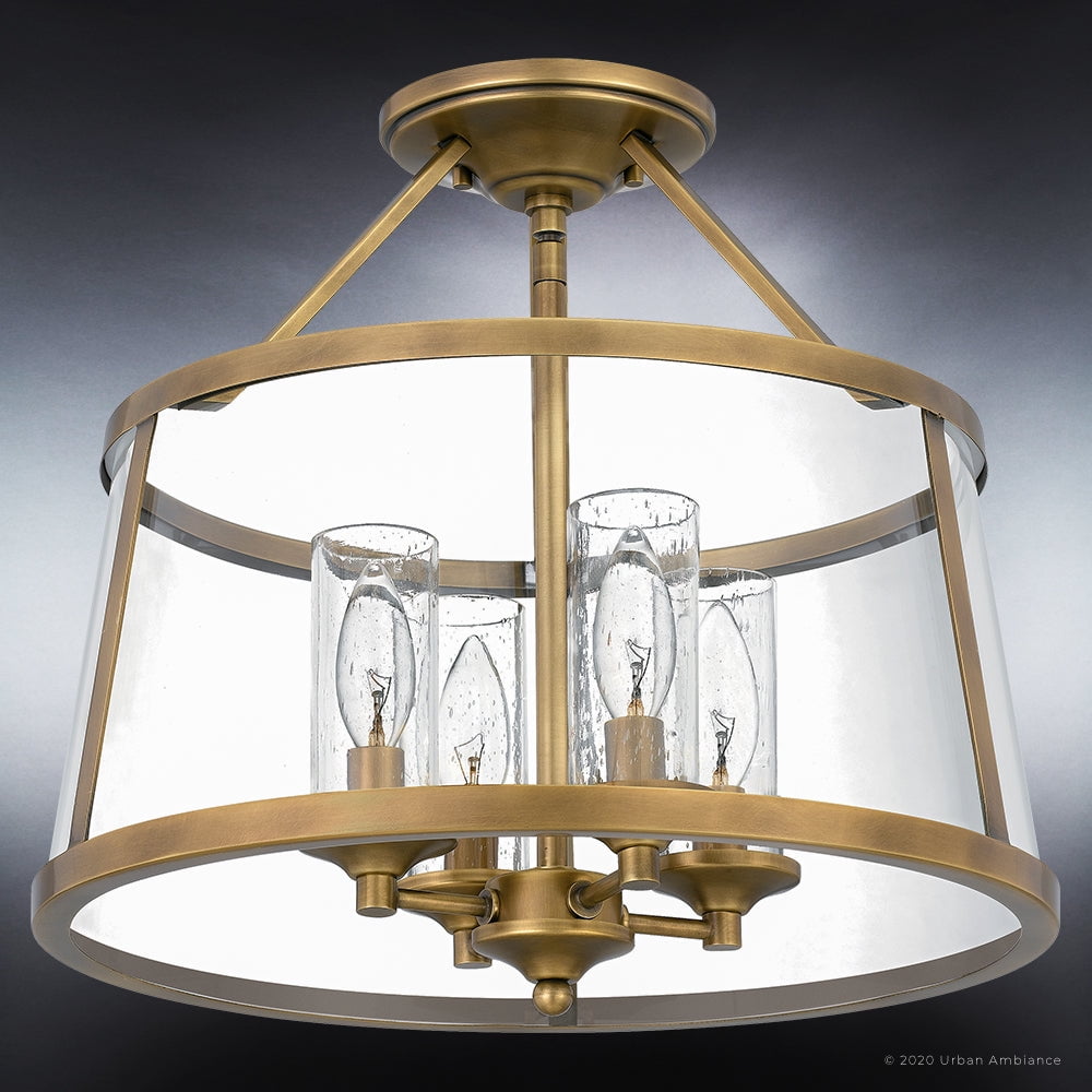 Luxury Traditional Indoor Ceiling Light, 14.50''H x 16.00''W, with Colonial Style Elements, English Country Design, Rustic Brass Finish and Clear Glass Drum, Seeded Glass Interior, UQL3650