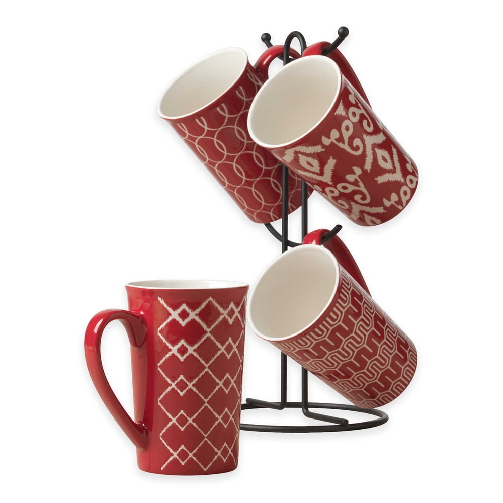 Ceramic 5 pcs. 16 Oz. Coffee Latte Mug Set With Metal Tree