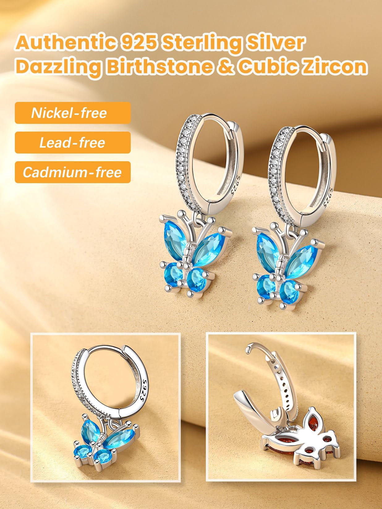 Bestyle Women Pure 925 Sterling Silver Hoop Earrings Synthetic Topaz Butterfly Birthstone Earrings for Sensitive Ear Christmas Birthday Gifts