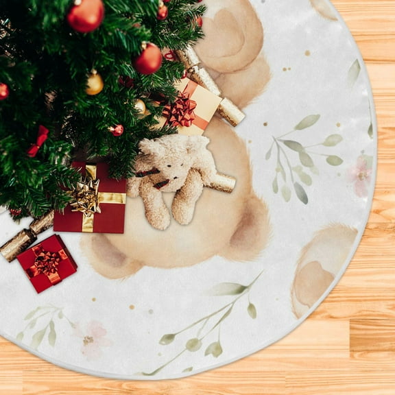 Teddy Bears Leaves Christmas Tree Skirt 48 Inch Winter Xmas Tree Mat for Home Party Holiday Decorations