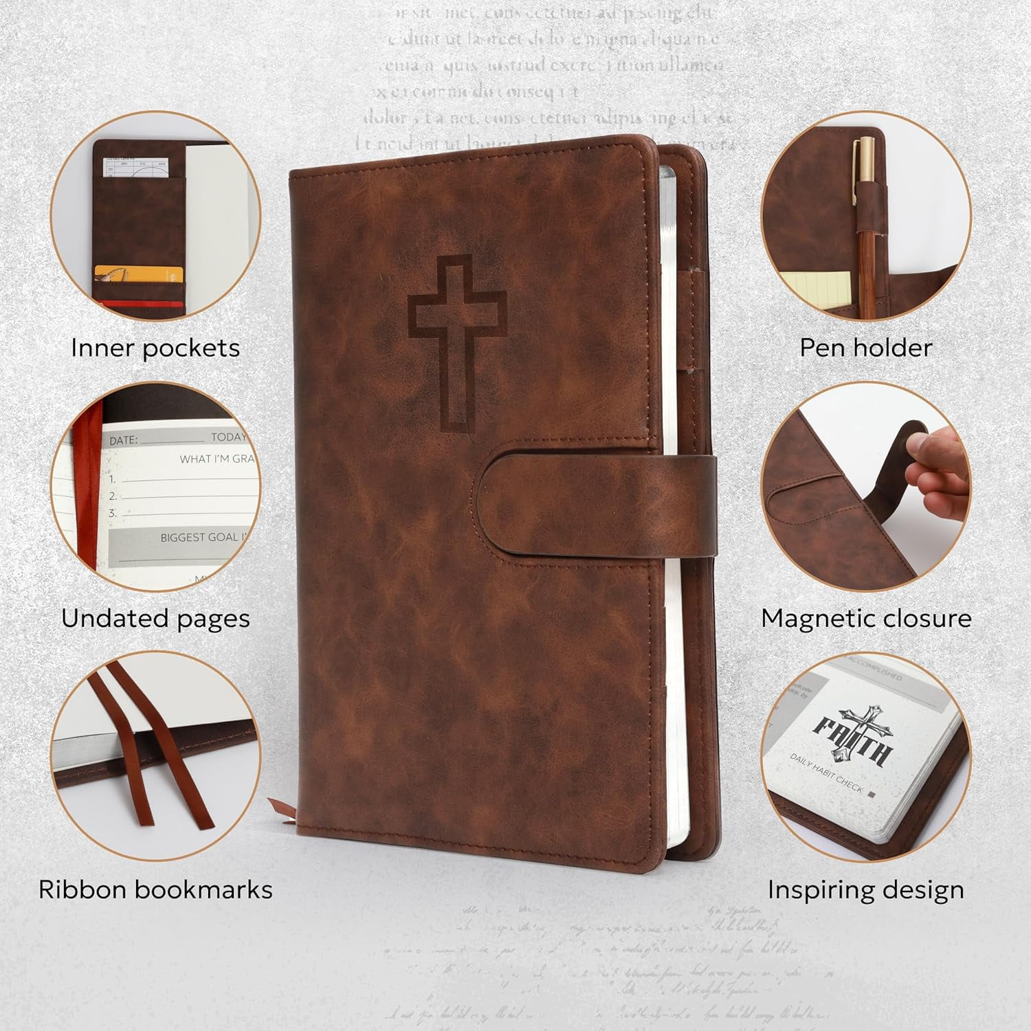 Prazoli Leather Christian Bible Prayer Journal For Men - Study Scripture Notebook & Planner Undated Religious Daily Devotional, Cross