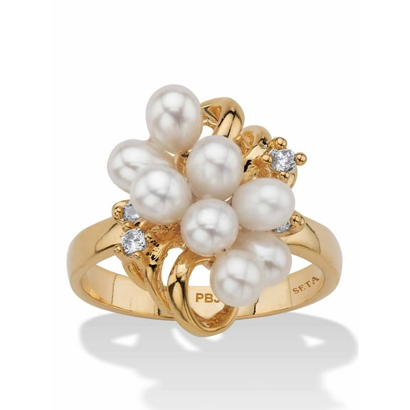 PalmBeach Jewelry Cultured Freshwater Pearl and Crystal Accent Cluster Cocktail Ring Yellow Gold-Plated
