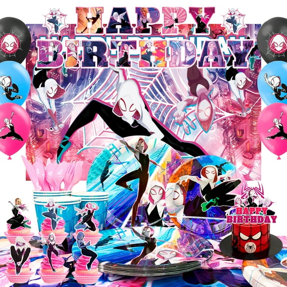 Décorations d'Anniversaire Gwen Araignée pour Enfants, 98 Pcs Décorations de Fête Gwen Araignée & Ensemble de Vaisselle de Fête - Bannière d'Anniversaire Gwen Araignée Ballons Assiettes Serviettes etc Fournitures de Fête d'Anniversaire Gwen Araignée
