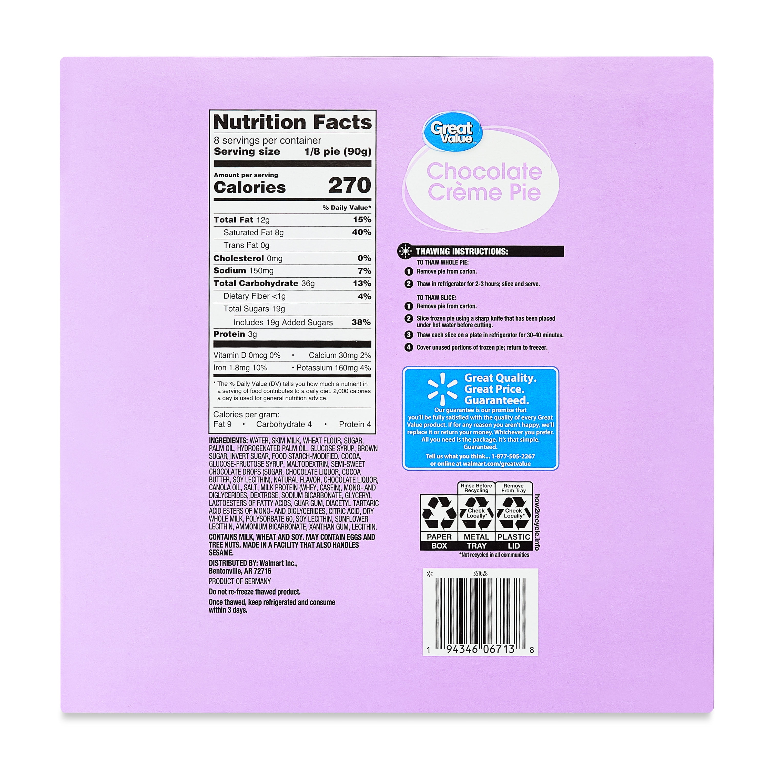 Great Value Chocolate Creme Pie Frozen Dessert, 25.5 oz (Thaw & Serve)