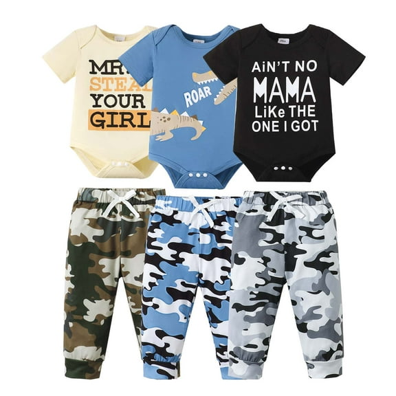 KIMI BEAR Newborn Baby Boys Layetter Set 3-6 Months Kids Outfits Sets 3 Packs Gift Set Short Sleeves Letter Print Romper Dinosaur Top Camouflage Pants 6pcs Multicolor