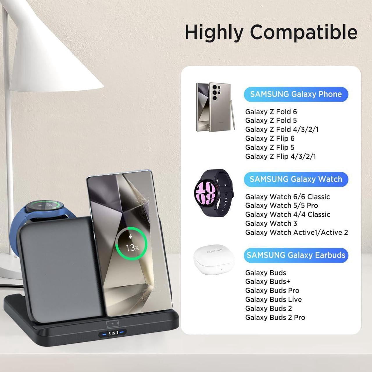 Wireless Charging Station for Samsung Galaxy z Fold 6/5/4/3/2, Foldable 3 in 1 Samsung Wireless Charger for Galaxy Z Fold/Galaxy Z Flip/Galaxy Watch/Galaxy Buds/Samsung Phone Fast Charging