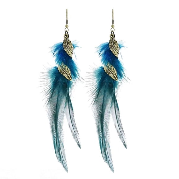 Zhuge Women's Handmade Natural Feather Dangle Drop Earrings, Boho Vintage Long Tassel Jewelry for Gifting, Blue