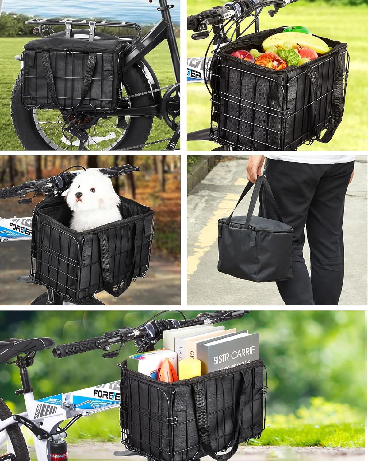 Zacro Bike Basket Front, Folding Bicycle Basket with Removable Liner Bag, Large Quick Release Design Metal bike Basket for Carrying Dogs, Pets, Fruit & Grocery