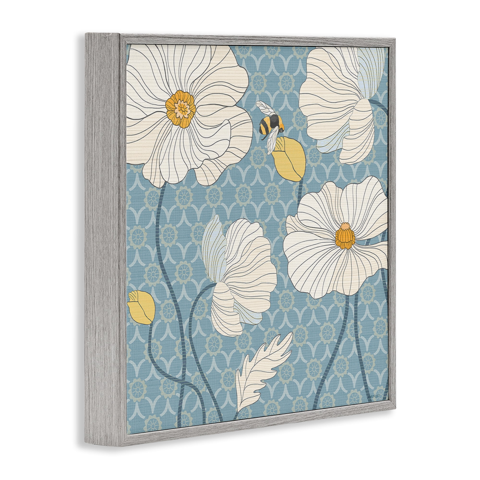 Stupell Industries Wild Poppies & Bee Botanical & Floral Painting Gray Framed Art Print Wall Art, 12 x 12