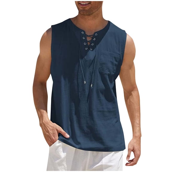 LpwkSSA Mens Sleeveless Henley Top Button Placket Design V Neck Soft Cotton Fabric Relaxed Silhouette for Daily Casual Wear Blue S