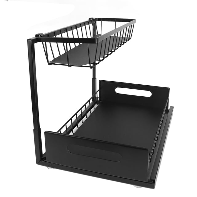 Estante Deslizante Para Fregadero, Instalación Rápida, Gran Espacio, Organizador Debajo Del Fregadero De Acero Al Carbono Negro, Forma De L, 2 Niveles Para Cocina