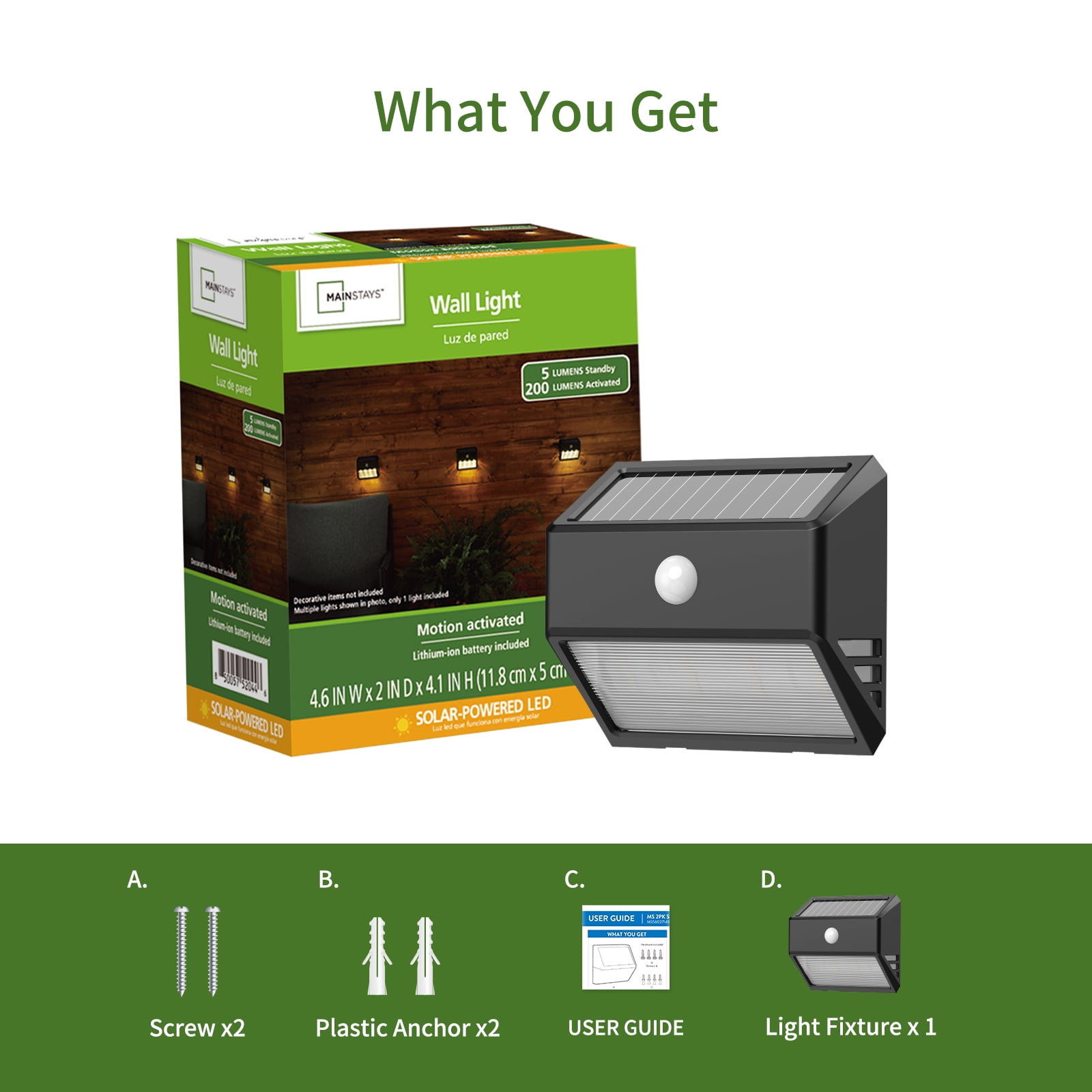 Mainstays LED Solar Powered Motion Outdoor Security Wall Light, Motion Activated, 200 Lumens