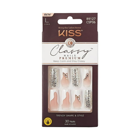 KISS Classy Nails, Press-On Nails, Stay Modish, White, Long Square, 30 Count