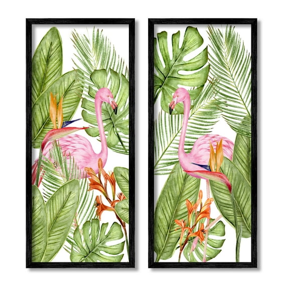 Stupell Industries Flamingos & Topical Plants Botanical & Floral Painting Black Framed Art Print Wall Art, 10 x 24, Set of 2