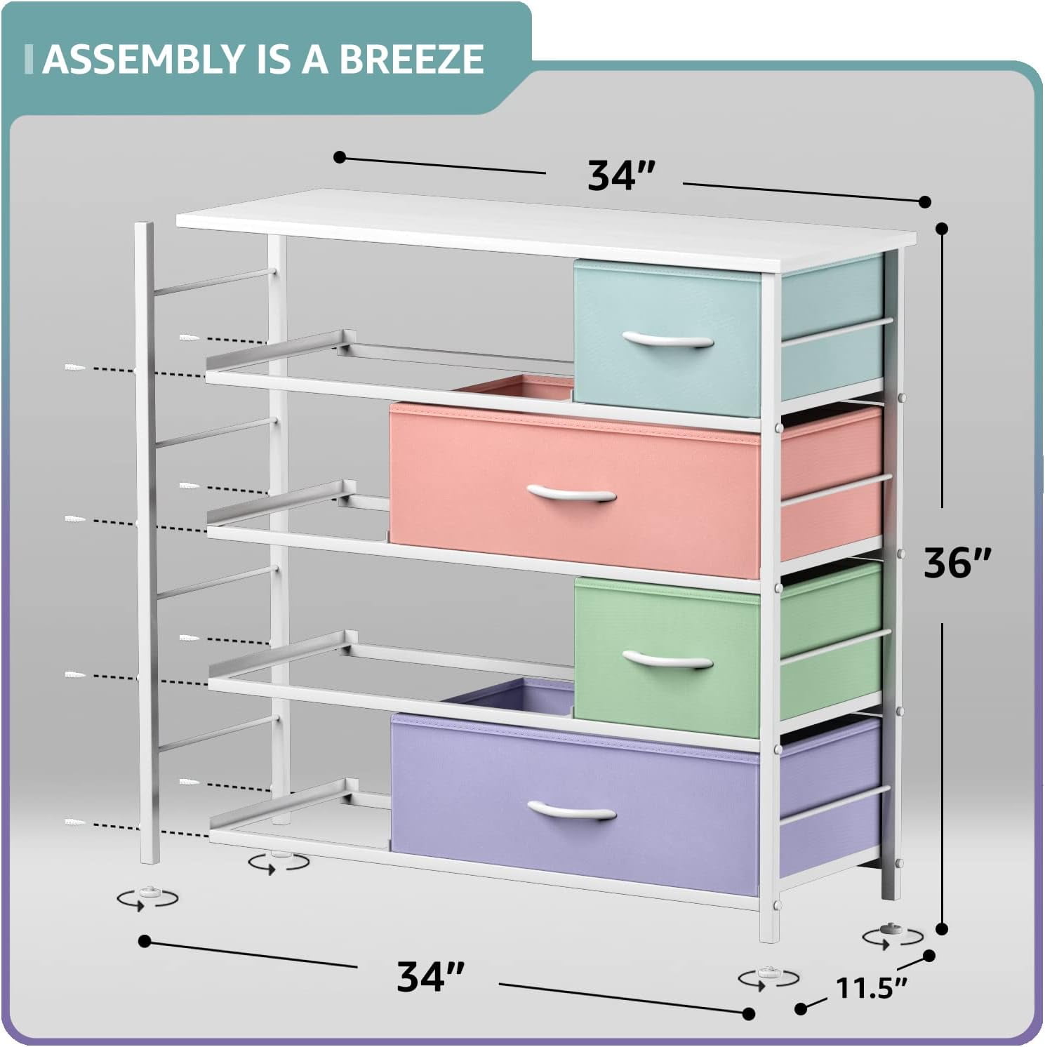 Sorbus 8-Drawer Dresser, Steel Frame Storage Chest with Fabric Bins, Wood Top, Multi Pastel