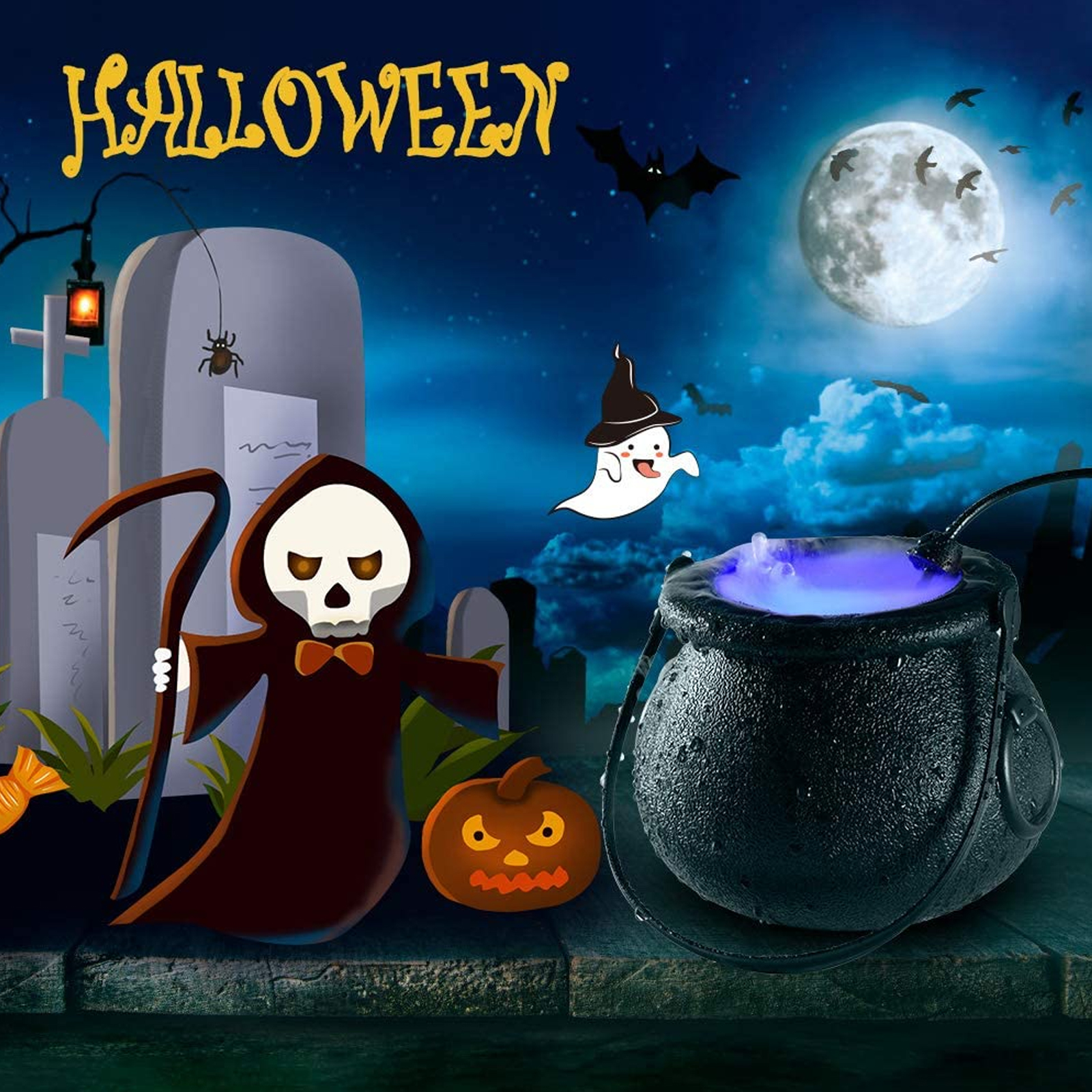 Halloween Black Cauldron with Mist Maker, Witch Jar Atomizer Lamp Punch