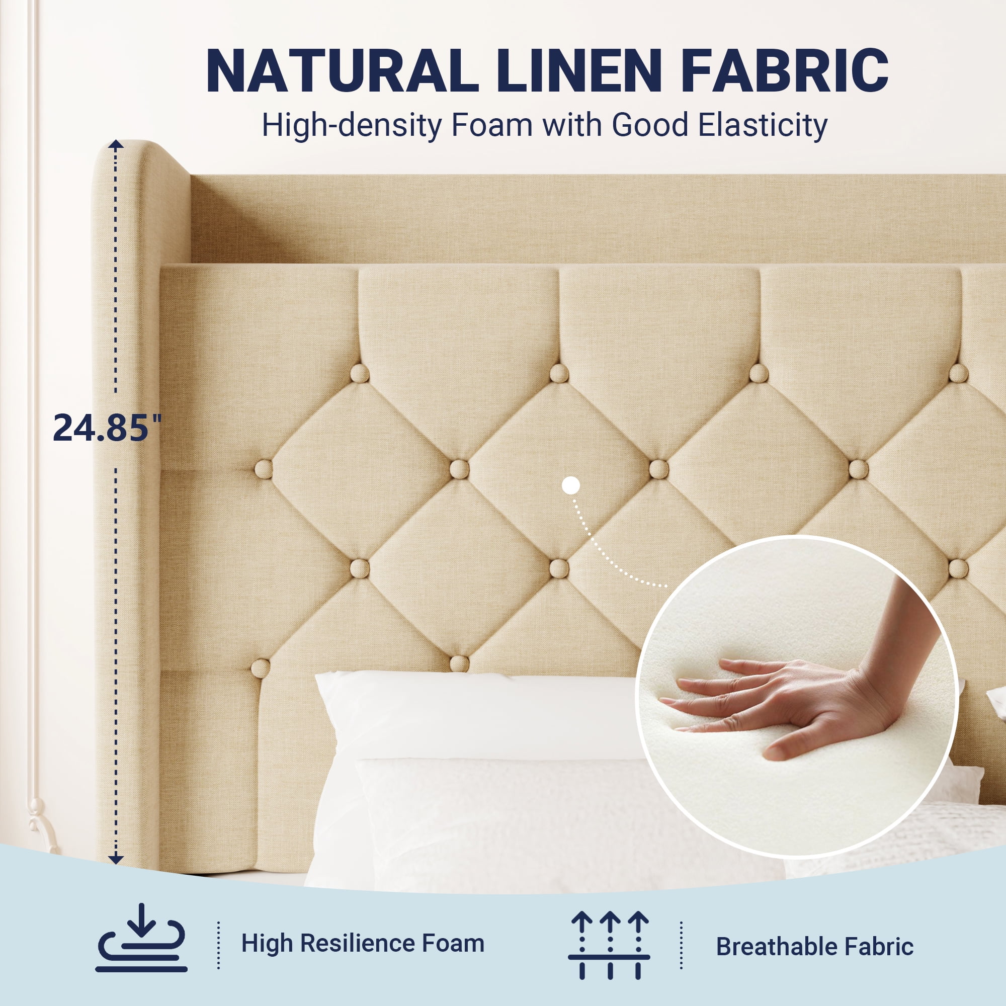 Allewie Full Size Bed Frame, Storage Headboard with Charging Station, Wingback Velvet Upholstered, Diamond Stitched Button Tufted, Sturdy Wooden Slats, No Box Spring Needed, Easy Assembly, Beige