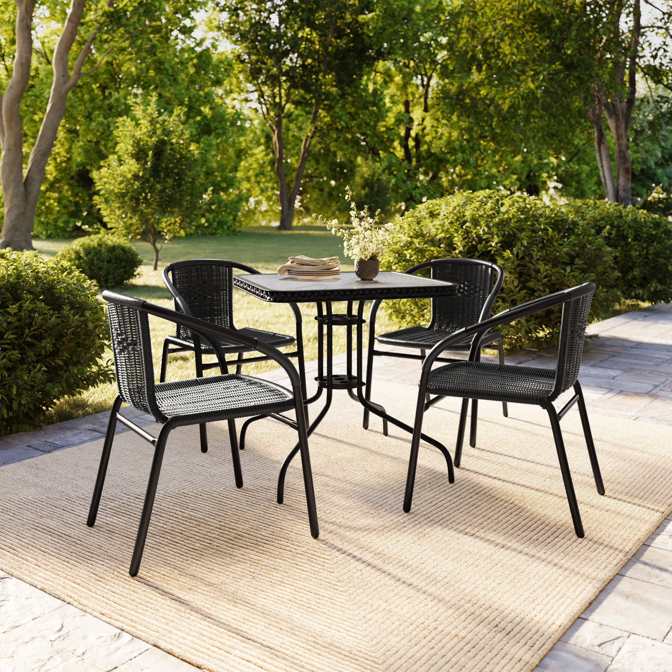 Flash Furniture 28'' Square Glass Metal Table with Black Rattan Edging and 4 Black Rattan Stack Chairs