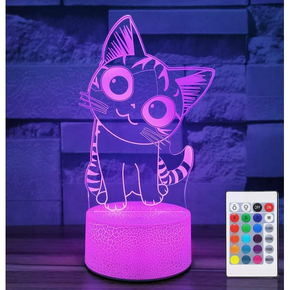REQO Cat Night Light for Girls,3D Optical Illusion Lamp 16 Colors Dimmable Cat Led Light with Remote & Luminous Base,Cat Gifts for Women Teens Boys Girls Kids Christmas Gifts