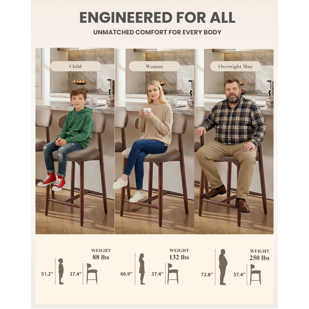 EOP Modern Bar Stools Set of 2, Upholstered 25.59″ Counter Height Bar Stools, Kitchen Island Barstools with Wood Legs for Kitchen Island Dining Room Bar, Camel
