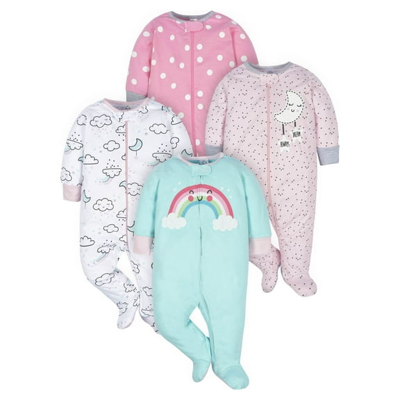 Gerber Baby Girl Sleep 'N Play Footed Pajamas, 4-Pack