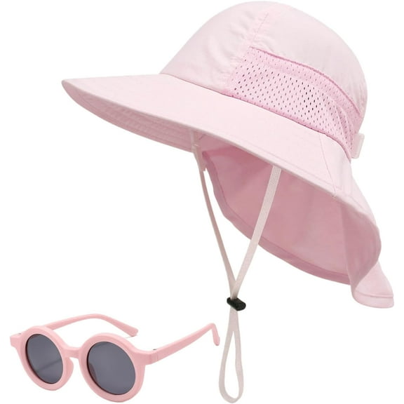 Baby Sun Hat Toddler Kids Boys Girls Wide Brim Beach Hats with Sunglasses UPF 50  Plain Caps with Neck Flap
