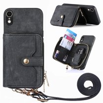 for iPhone XR Wallet Case, Crossbody Phone Purse with Card Holder for Women, Zipper PU Leather Carrying Cover Gift with Shoulder Strap Kickstand Anti-drop for iPhone XR - Black