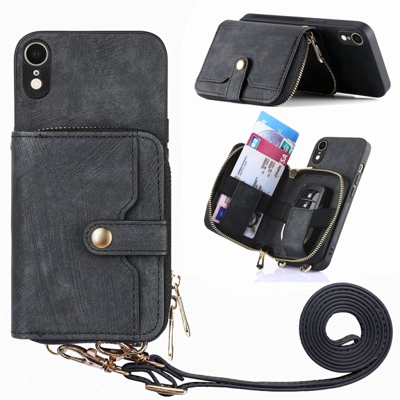 Wallet Case Compatible with iPhone XR, Classic PU Leather Zipper Pocket Car Key / Cash / Coin / Card Slots Shoulder Strap Kickstand Back Case for iPhone XR, Black