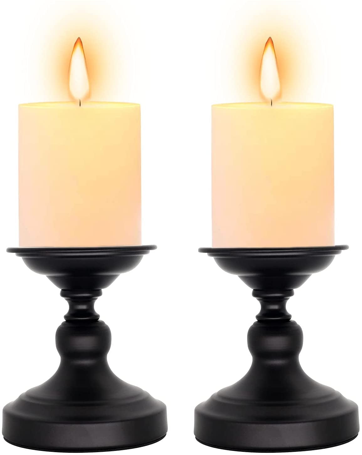 Black Metal Pillar Candle Holders Set of 2 Decorative Candlestick Candle Holders Stand Decorations Home Décor Gifts for Bedroom Livingroom Wedding 