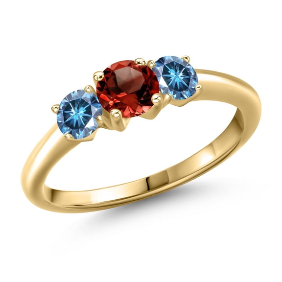Gem Stone King 10K Yellow Gold Red Garnet and Persian Blue Moissanite Engagement Ring for Women | 1.01 Cttw | Round 5MM | Gemstone January Birthstone | Size 9