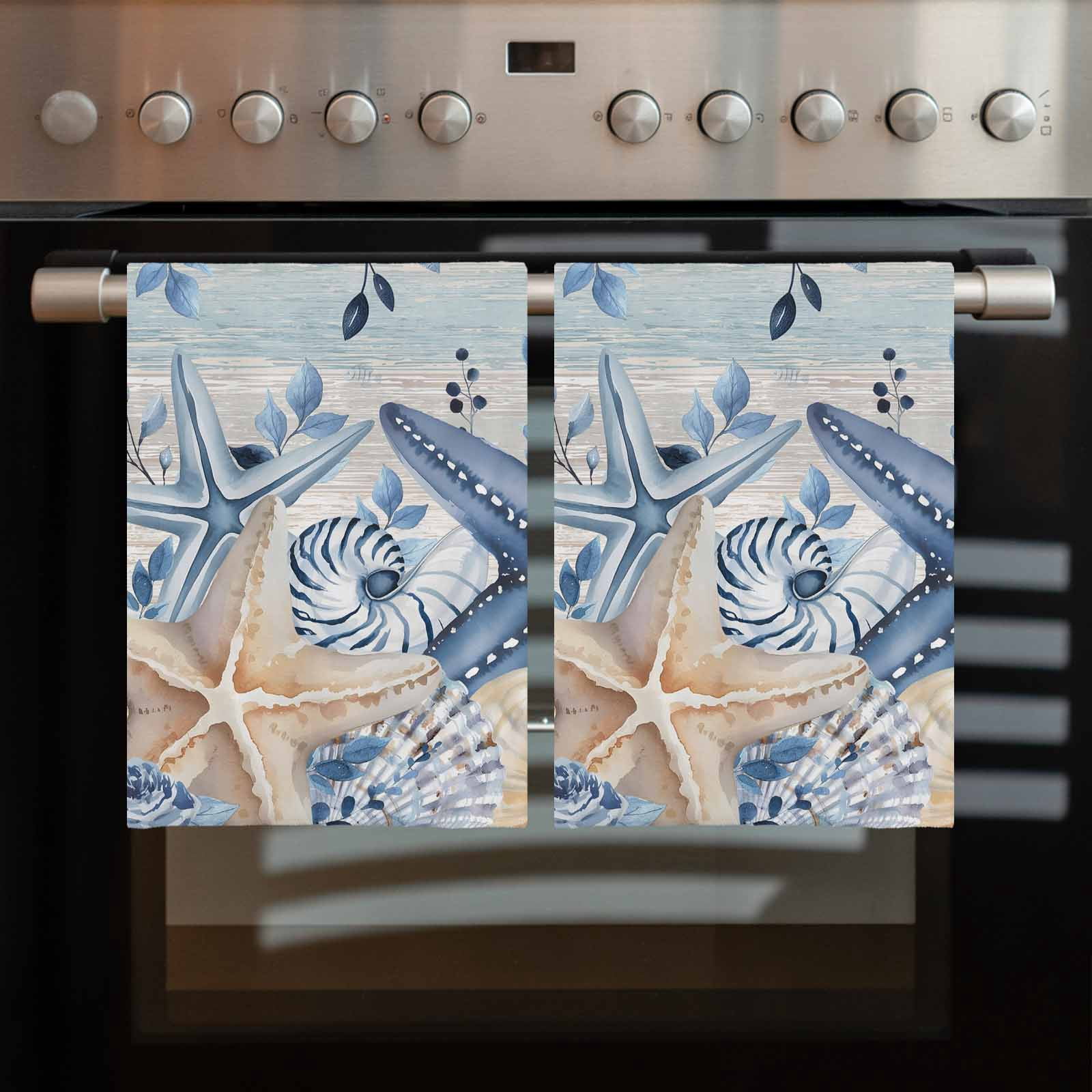 Blue Starfish Coastal 1 Pack Kitchen Towel, Water Absorbent Dish Towel, Eucalyptus Summer Nautical Shell Vintage Decorative Hand Towels - Quick Drying Cloth for Cooking Baking, 18x28 Inch