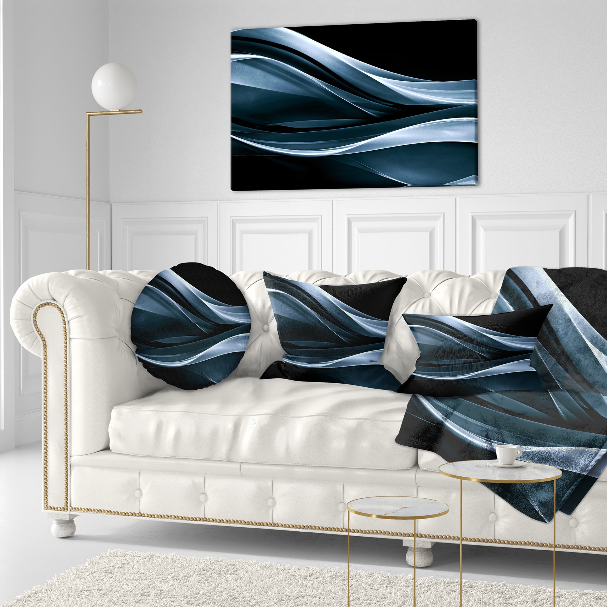 Designart Fractal Lines Blue in Black - Abstract Throw Pillow - 12x20
