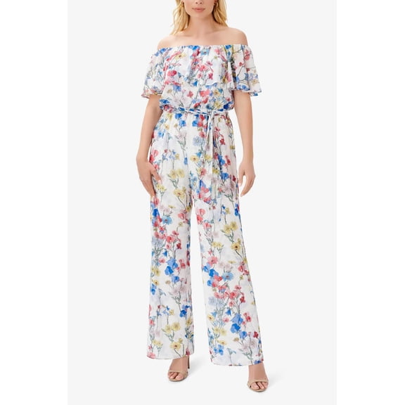 Adrianna Papell Off The Shoulder Elastic Waist Self Tie Belt Chiffon Jumpsuit-IVORY CORAL MULTI / 2