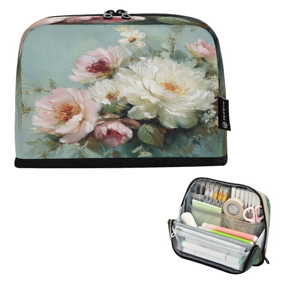 Standing Pencil Case with Base Large Capacity Stationery Pouch Pen Bag with Zipper for Women Men Vintage Peonies and Daisies